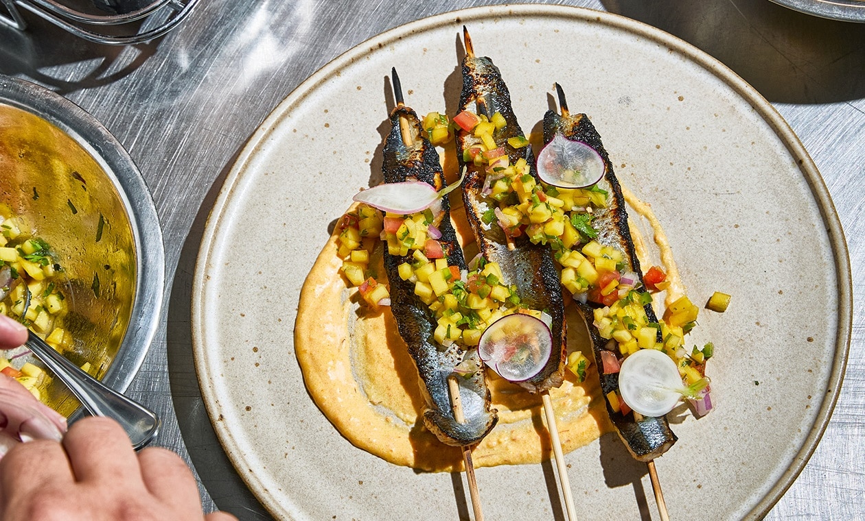 Flame Broiled Skewered Herring w/ Mango Pico & Rouille – - Recipe