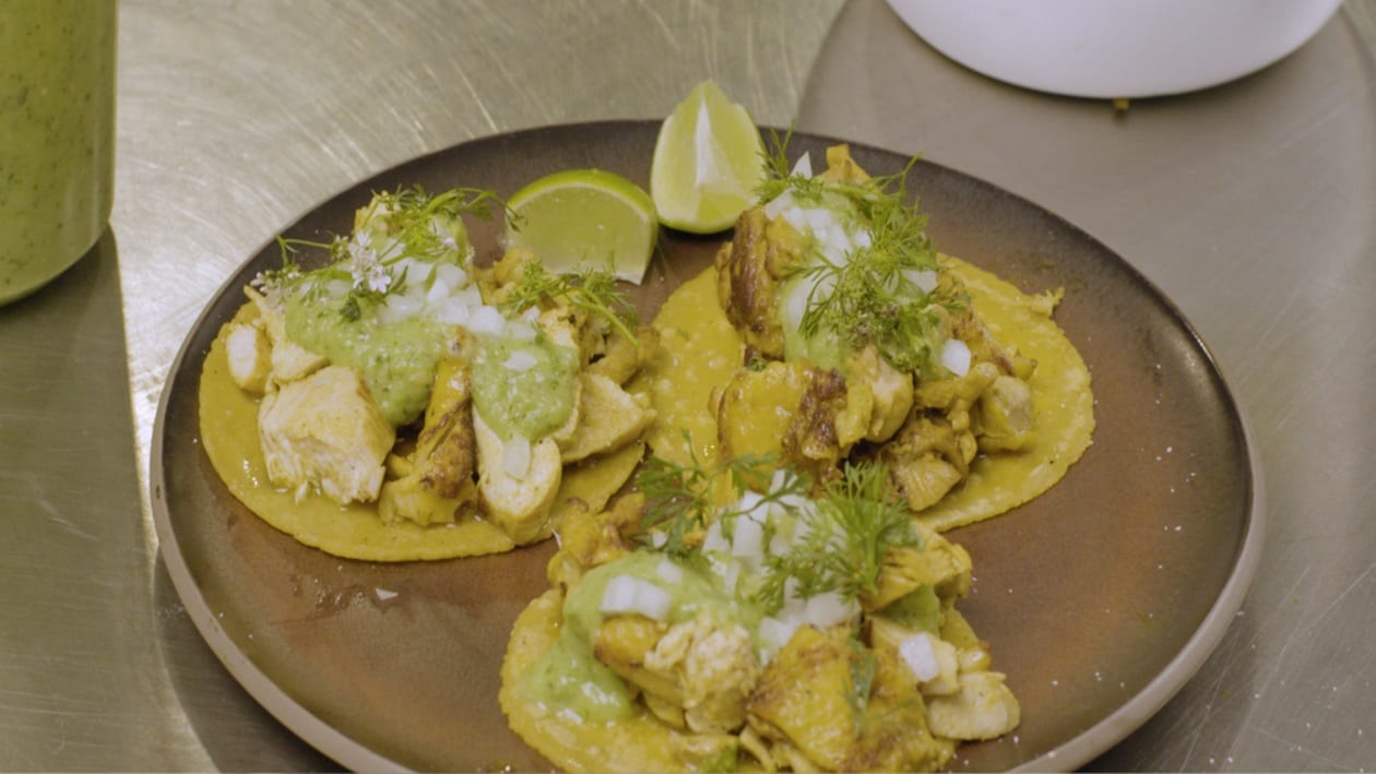 Pollo Al Carbon taco with salsa de avocado, onions, cilantro – - Recipe